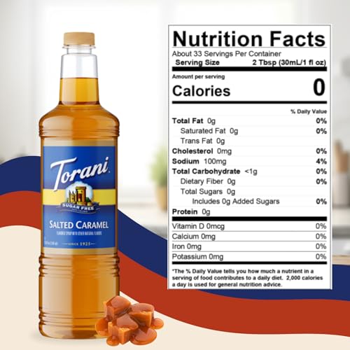 Image of Torani Sugar Free Salted Caramel Syrup 1 Liter Bottle with Pump Dispenser - Zero Calorie Flavored Coffee Syrup for Lattes, Cold Brews, Teas, Cocktails & Desserts - Keto Friendly