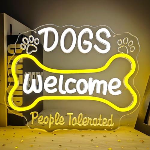 Dogs Welcome Neon Sign for Wall Decor, Dimmable LED Light