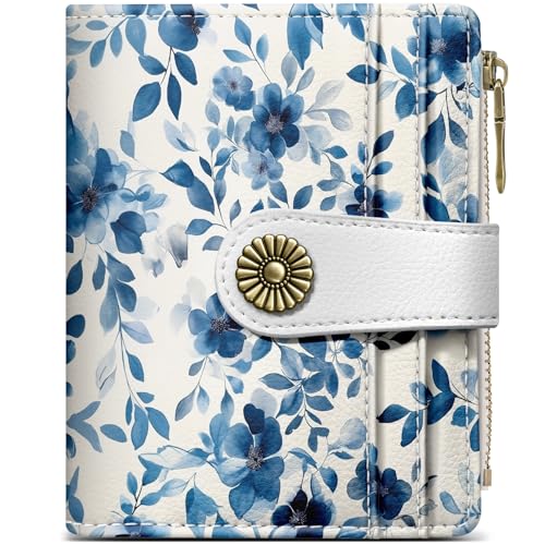 Image of Small Wallet for Women, RFID Blocking Bifold Card Holder Wallet with 10 Card Slots, Cash Compartment, Zipper Coin Pocket & ID Window, Cute Soft Vegan Leather Compact Wallet, Watercolor Petal