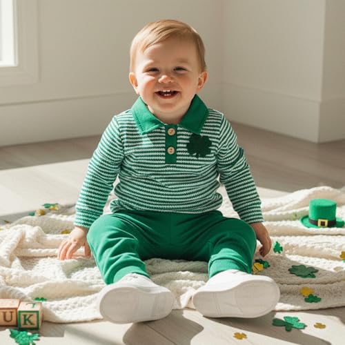 Image of Toddler Baby Boy St Patricks Day Outfit Infant Lucky Clover Sweatshirt Pants Set Little Kids Spring Warm Clothes