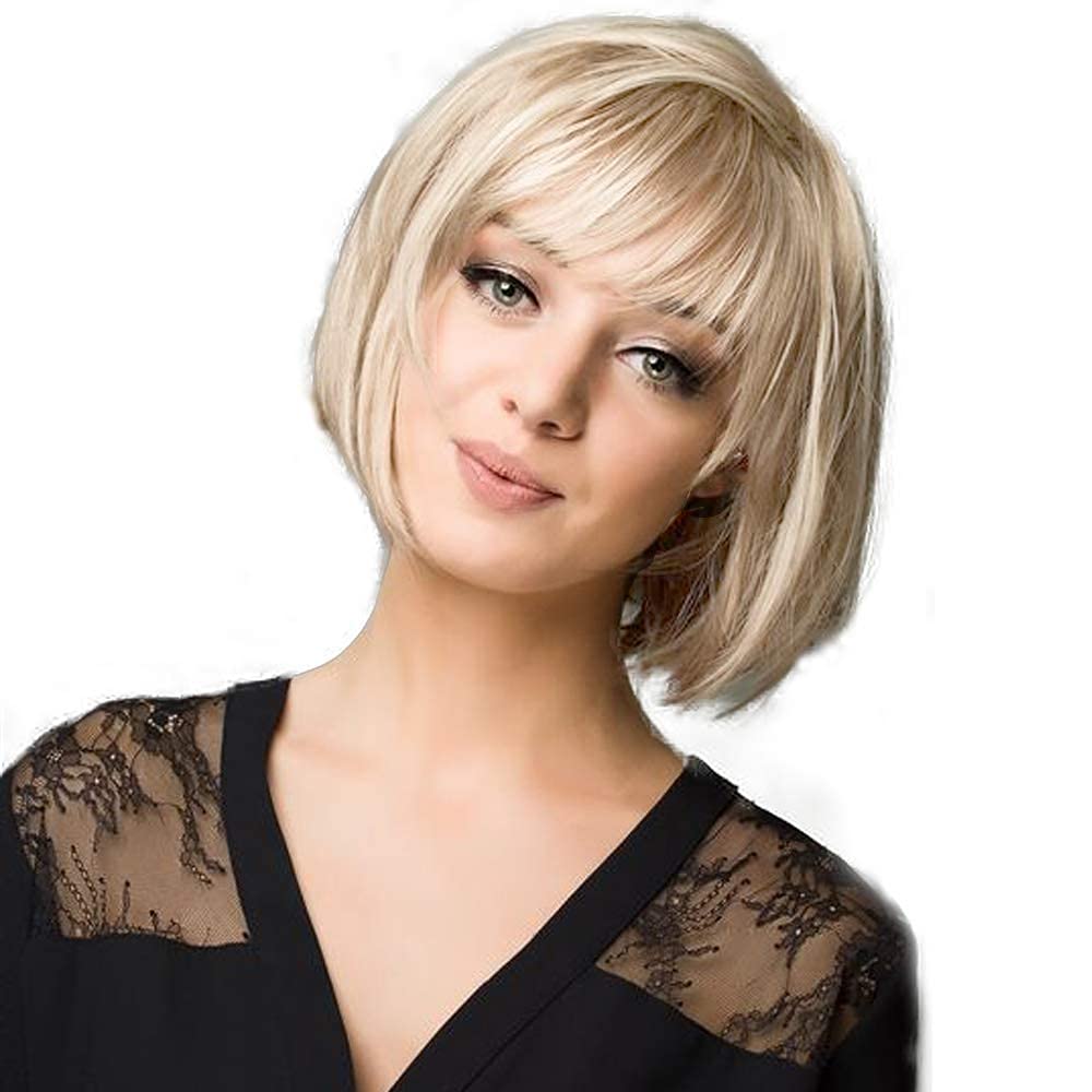 Creamily Short Blonde Bob Wigs 10" Straight with Bangs Synthetic Colorful Cosplay Halloween Daily Party Wig for Women Natural As Real Hair+ Wig Cap (Mixed Blonde)ClimatePartner certified