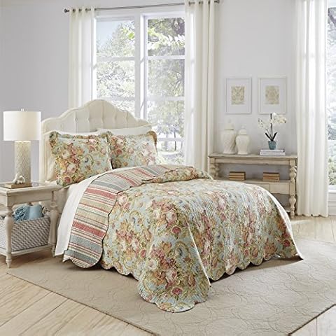 Waverly Spring Bling Modern Farmhouse Floral 3-Piece Reversible Quilt Bedspread Set, Full/Queen, Vapor Cover