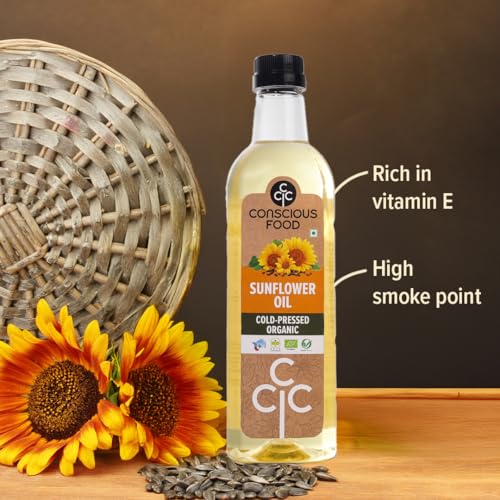 Image of Conscious Food Cold Pressed Sunflower oil in PET bottle | 1000 ML | High in Antioxidants, Delicious & Healthy | Pack of 2