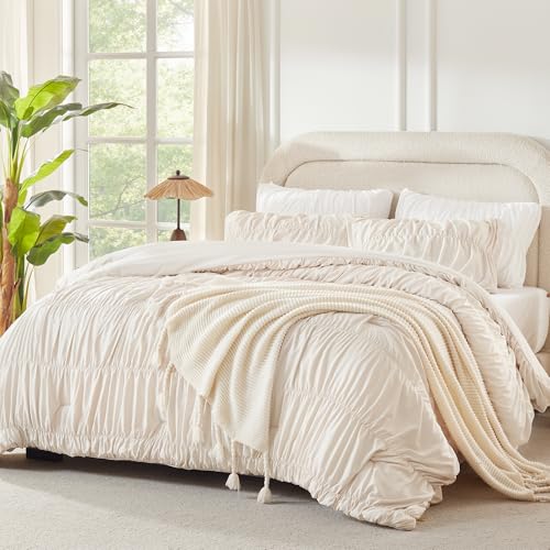 Image of Andency Ruched Beige Twin Size Comforter Sets, Shabby Chic Pleated Bedding Sets 2 Pieces, Lightweight Soft Boho Ruffle Bed Set for Girls, Kids, Women, All Season