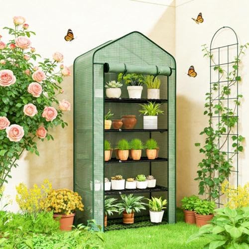 Small Portable Greenhouse, 5 Tier Wire Shelves, Steel Frame, Roll-Up Door, 76x35.4x19.3 Inches, White and Green (Green)