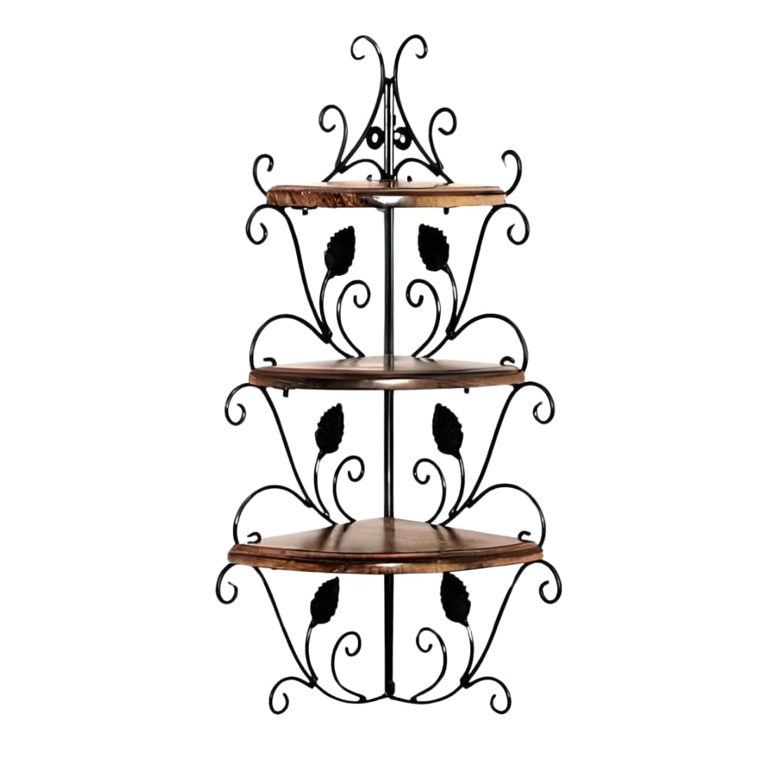 VudRtyst Antique Wooden & Wrought Iron Corner Shelf, 3-Tier Wall-Mounted Home Rack for Office & Décor, Space-Saving Display Unit for Living Room, Kitchen, Corner Shelf-image-17
