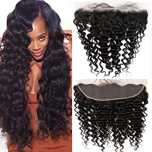 QTHAIR 10A Ear To Ear 13x4 Deep Wave Frontal Closure Brazilian Hair(20",Natural Black) Brazilian Deep Wave Frontal Closure Top Swiss Lace Frontal Closure With Baby Hair Brazilian Virgin Human Hair