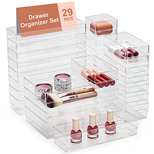 Image of SMARTAKE 29-Piece Drawer Organizer with Non-Slip Silicone Pads, 4-Size Desk Drawer Organizer Trays Storage Tray for Makeup, Jewelries, Utensils in Bedroom Dresser, Office and Kitchen (Clear)