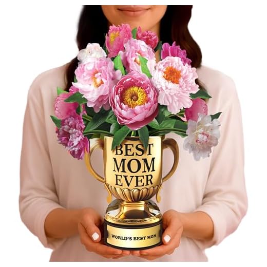 Paper Flowers Pop Up Cards - 12" Peony Flower Bouquet in 3D Best Mom Ever Trophy Mothers Day Card - Popup, Realistic Floral Arrangement for Moms Birthday - Life Sized Appreciation Greeting for Women