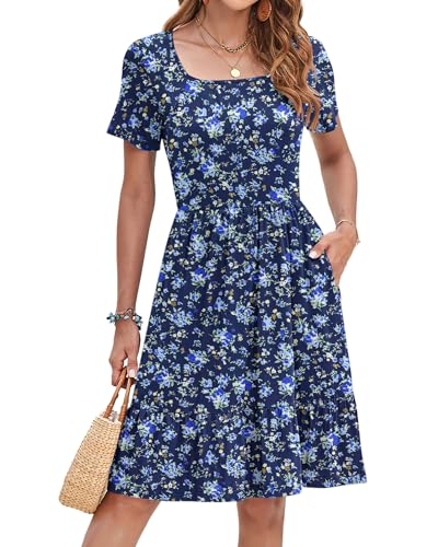 Image of AUSELILY Womens Summer Dresses 2025 Casual Short Sleeve Dress Square Neck A-Line Ruffle Sundress with Pockets
