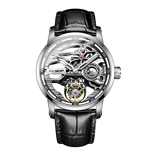 AESOP Skeleton Tourbillon Men Watches Hollow Skeleton Dial Mechanical Hand Wind Analog Men Wristwatches Super Luminous Sapphire Crystal Mirror Waterproof Business Luxury Watch 7053(Silver)