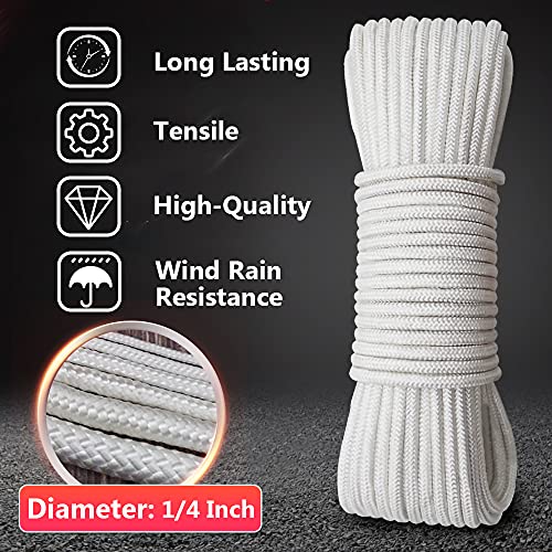 Flag Rope Nylon Rope 1/4 Inch Flagpole Rope Heavy Duty Strength Diamond Braid Polypropylene Outdoor Ropes For Flagline Halyard Swing Camping With 2 Steel Flag Snap Hooks- 50 Ft #TOP4