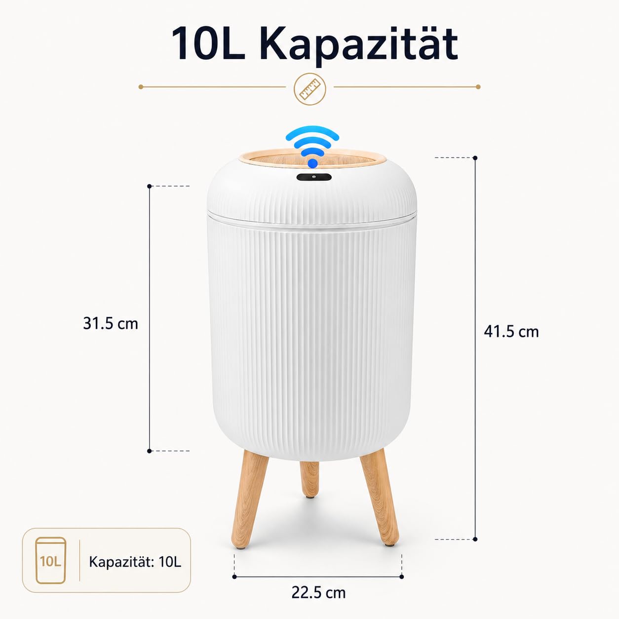 Smart Mülleimer mit Sensor,Weiß,10L,für Küche und Badezimmer, klein Geruchsdichter Trash Can Automatisch, Ideal als Bad Mülleimer, mit Deckel (Weiß)