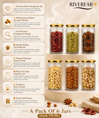 Image of Glass Jar with Air Tight Metal Lid I Kitchen Storage Jars for Spices, Coffee, Sugar & Dry Fruits I Grocery Storage Container I Kitchen Pantry Organiser Jar (DIAMOND GLASS JAR - 370 ml - PACK OF 6)