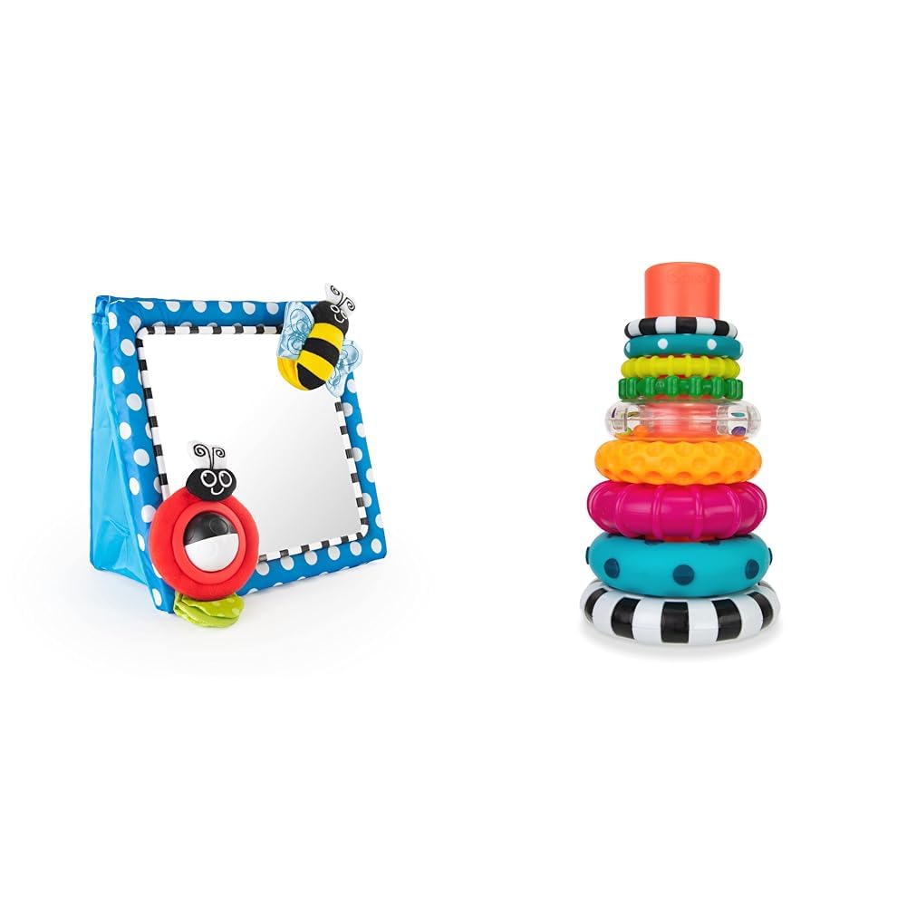 Sassy Tummy Time Floor Mirror | Developmental Baby Toy | Newborn Essential for Tummy Time & Stacks of Circles Stacking Ring STEM Learning Toy, Age 6+ Months, Multi