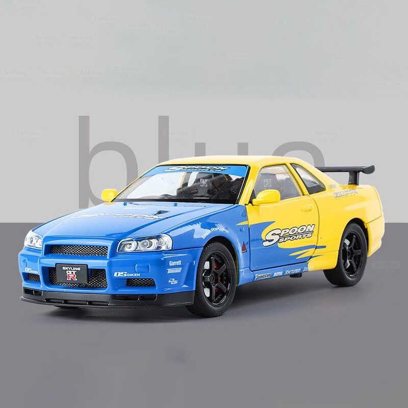 Image of 1:32 Scale Nissaan Skyline R-34 Model Alloy Metal Pull Back Toy car for Kids with Openable Doors & Light, Music Toy Vehicle for Kids (1:32 Nissaan Skyline R-34 (Yellow))