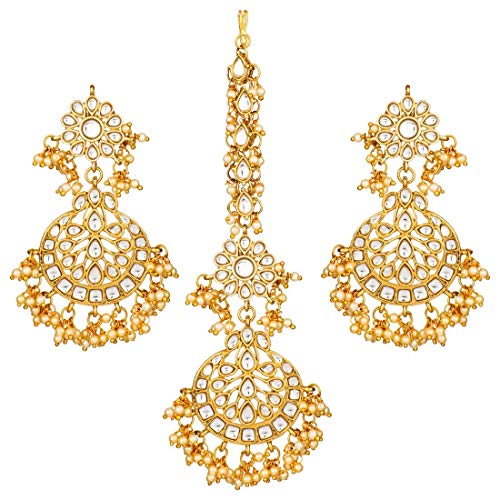 Aheli Exquisite Design White Colored Faux Kundan Chandbali Earrings Maang Tikka Set Ethnic Indian Jewelry for Women