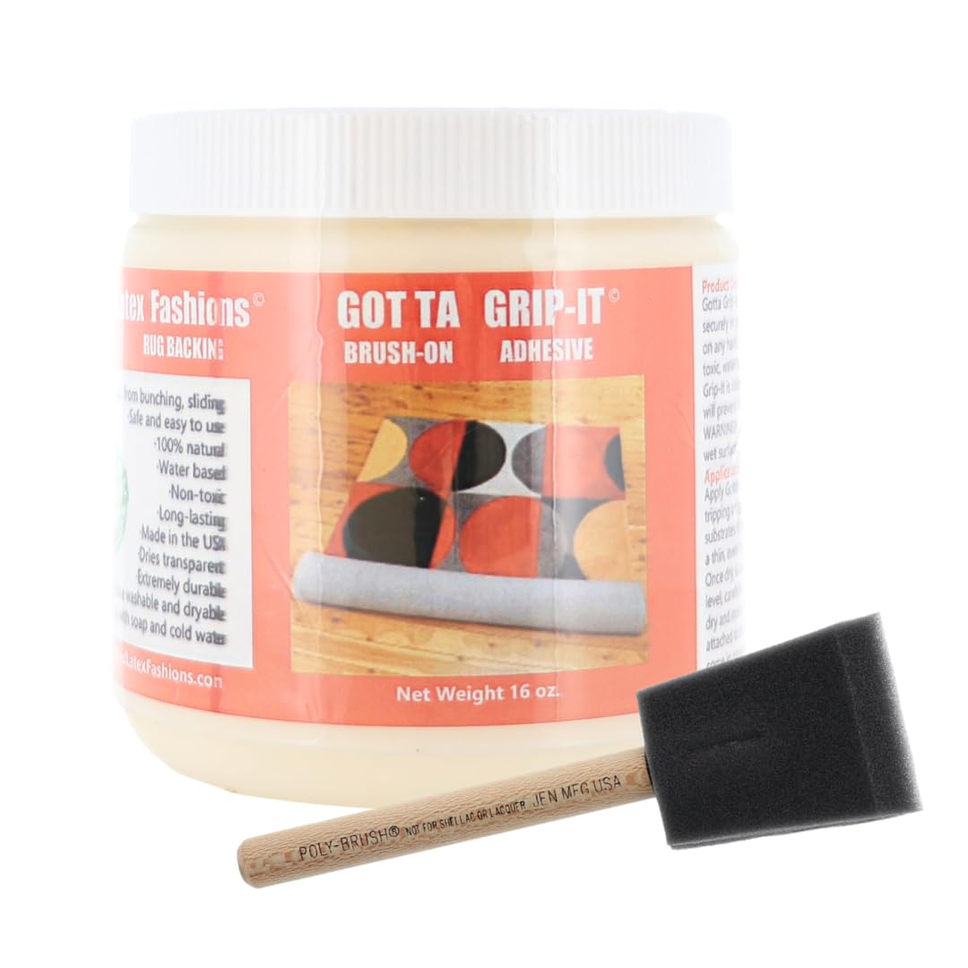 Gotta Grip-It Non-Slip Rug Fixative Gum 16 Oz + 2inch Jen Foam Brush - Safe and Easy to Use, Machine Washable and Dryer Safe, Backings Adhesive, Natural, Pack with 1 Jen Foam Brush