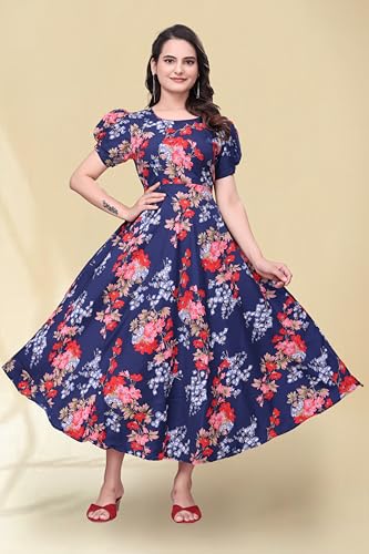 Image of Women's A-Line Crepe Maxi Dress | Stylish Fit and Flare Dress with Round Neck Short Puff Sleeves for Casual Wear