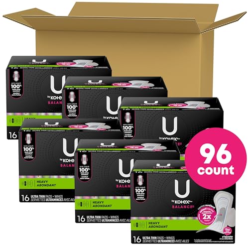 Image of U by Kotex Balance Ultra Thin Pads with Wings, Heavy Absorbency, 96 Count (6 packs of 16) (Packaging May Vary)