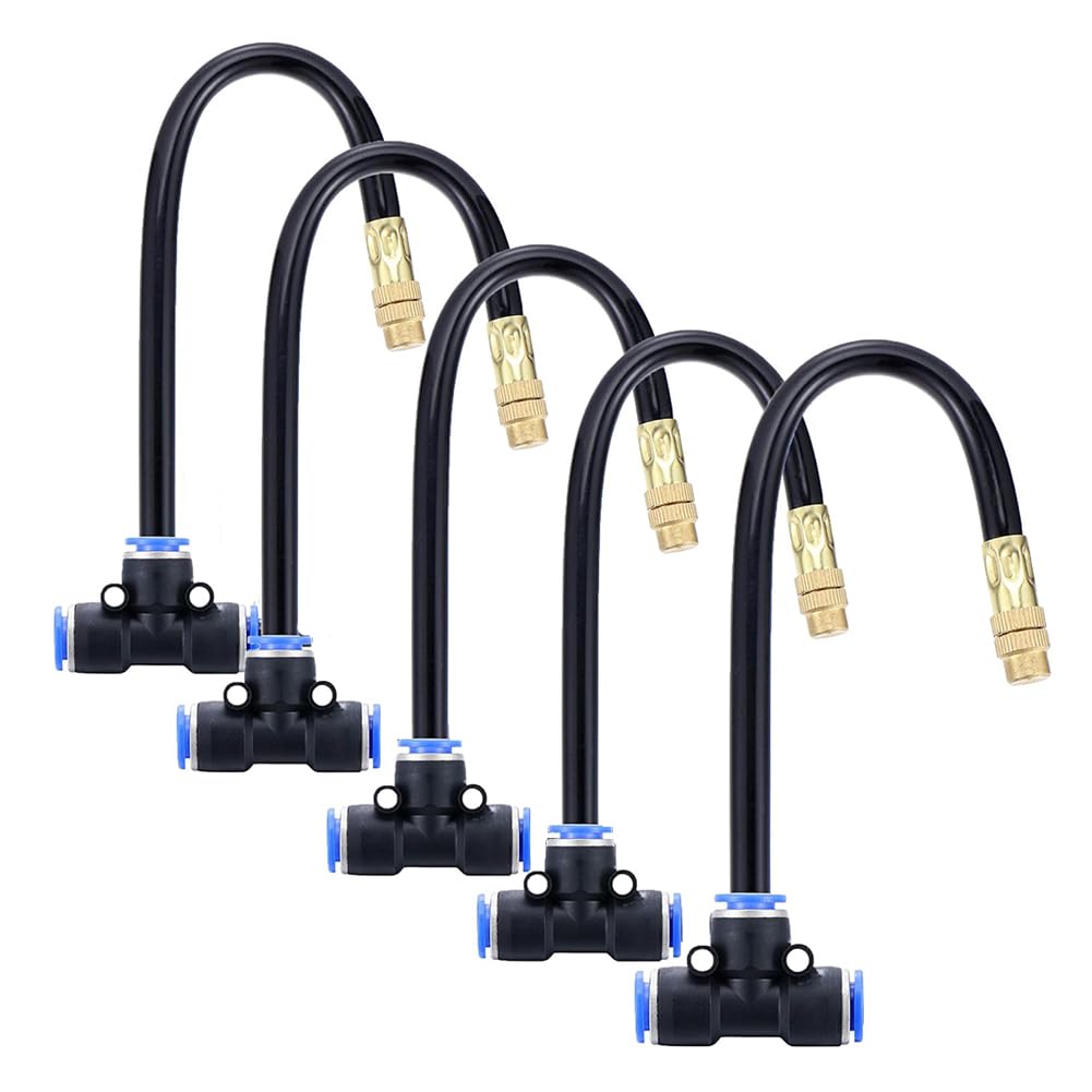 Boquilla pulverizadora ajustable de latón, Boquilla de nebulización latón, manguera integrada en T, 360 grados, exterior, rociador roscado niebla agua(Atomizing Nozzle+8mm Tee Belt,10pc)