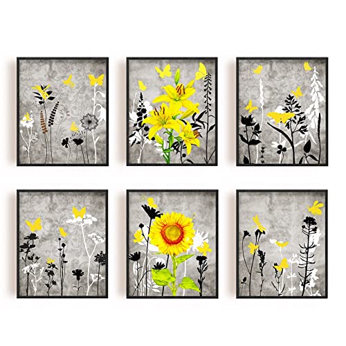 SUPERDANT Flowers Canvas Wall Art Abstract Wall Pictures Yellow Butterfly Poster Painting Black and White Canvas Pictures for Bedroom Living Room Decor 6Pcs No Frame