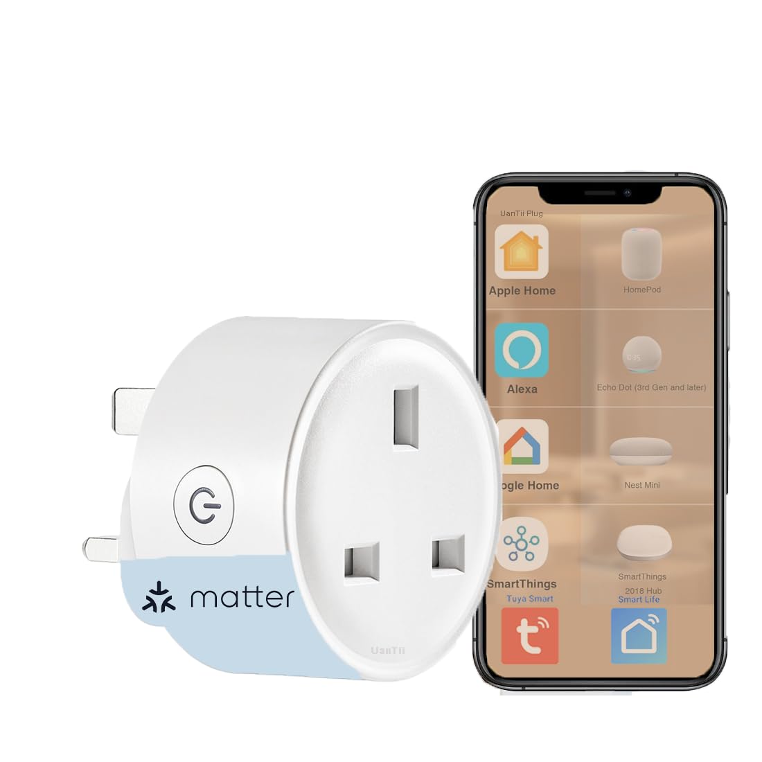 UanTii All-in-One Smart Matter Plug Tuya Wifi Plug Works with Apple HomeKit,Alexa,Google Home,Samsung SmartThings and Smart Life App Remote Control (1)