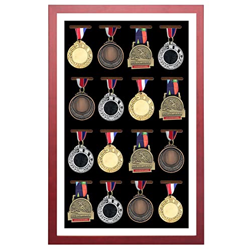 Große Medaillen Display Shadow Box – Medaillen Vitrine – 16 Medaillen Vitrine – perfekte Medaille Display für Kriegsmilitär, Läufer, Marathon, Rennsieger, Gymnastik und alle Sportarten (rotes Holz)