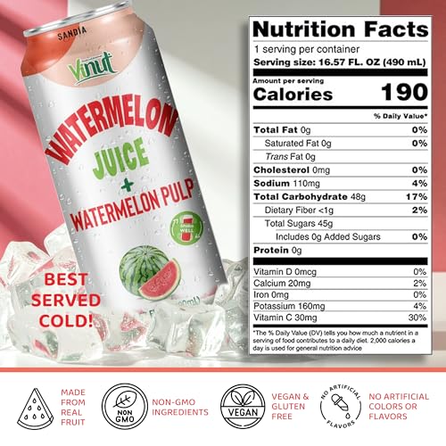 Image of Vinut Natural Watermelon Juice Drink with Pulp, (16.57 fl oz, Pack of 12) Real Watermelon Juice, No Sugar Added, Gluten Free, GMO-Free
