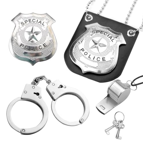4 Stück Handschellen Profi Set aus Echtem Stahl - Polizei Set mit Polizeiabzeichen, Schlüsseln und...