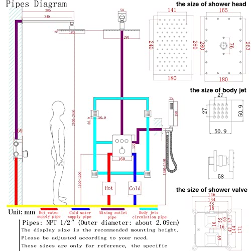 Matte Black Led Rain Shower Head Set With Body Jets And Handheld Spray, Cupc Wall Mounted 8 X 12 Inch Shower System Can Use All Options At A Time #TOP3