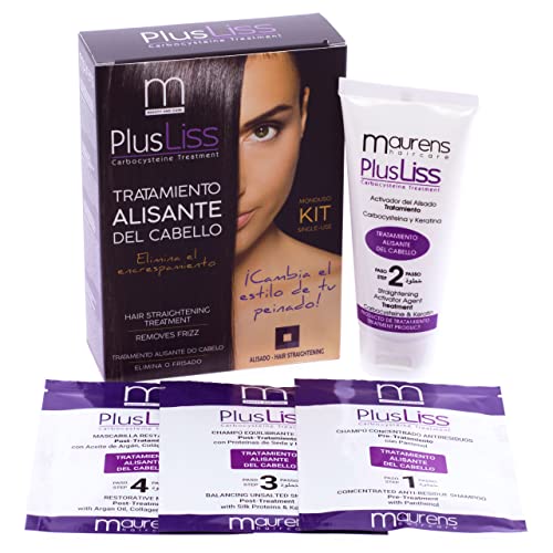 Maurens, PlusLiss Alisado Brasileño del Cabello Tratamiento Capilar a base de Keratina y Carbocysteina alisado natural, controla el volumen y acaba con el encrespamiento. Kit aplicación en casa