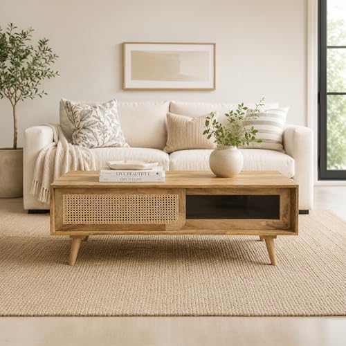 Image of The Attic INES Coffee Table for Living Room, Solid Wood Centre Table with Cane with Sliding Doors, Natural Finish
