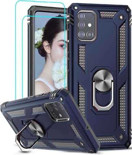 LeYi Funda para Samsung Galaxy A51 4G con [2-Unidades] Cristal Vidrio Templado,Armor Carcasa con 360 Grados Anillo iman Soporte Hard PC y Silicona TPU Bumper Antigolpes Case para Movil A51,Azul