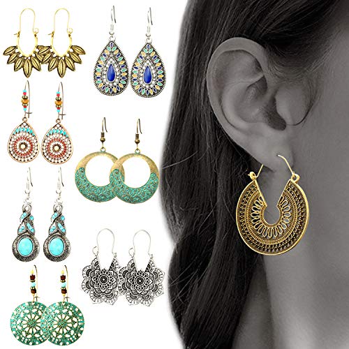 Jugalstar 8 Pairs Bohemian Vintage Drop Dangle Earrings National Style Long Boho Earrings Set for Women Girls Hypoallergenic for Sensitive Ears (Style2:8 Pairs)
