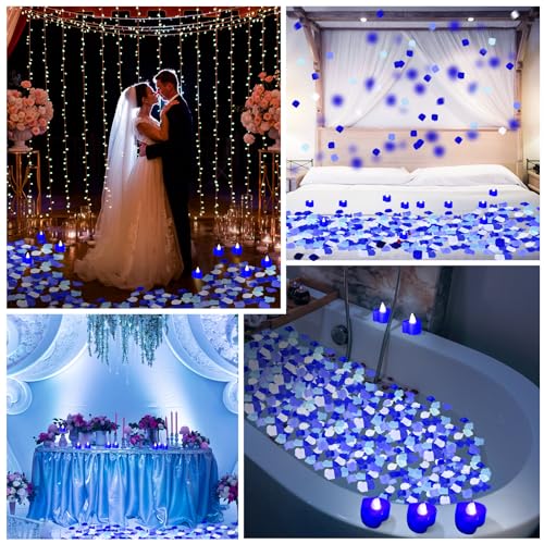 Image of Honoson 1000 Pieces Artificial White Blue Rose Petals with 24 Pcs Flameless Heart Shaped LED Tealights Candles Special Romantic Night Decorations for Proposal Wedding Anniversary Table Decor
