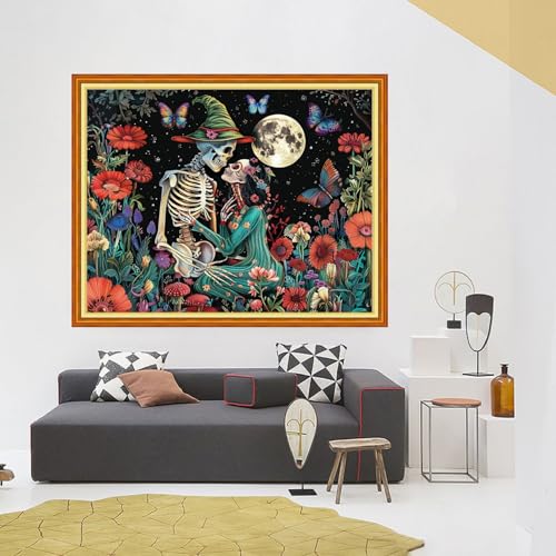 Image of Foxhool Stamped Cross Stitch Kits,11CT Printed Cross Stitch Pattern Full Embroidery Kits for Beginner Needlepoint Kits-Moon Skeleton Couple 16x20 inch