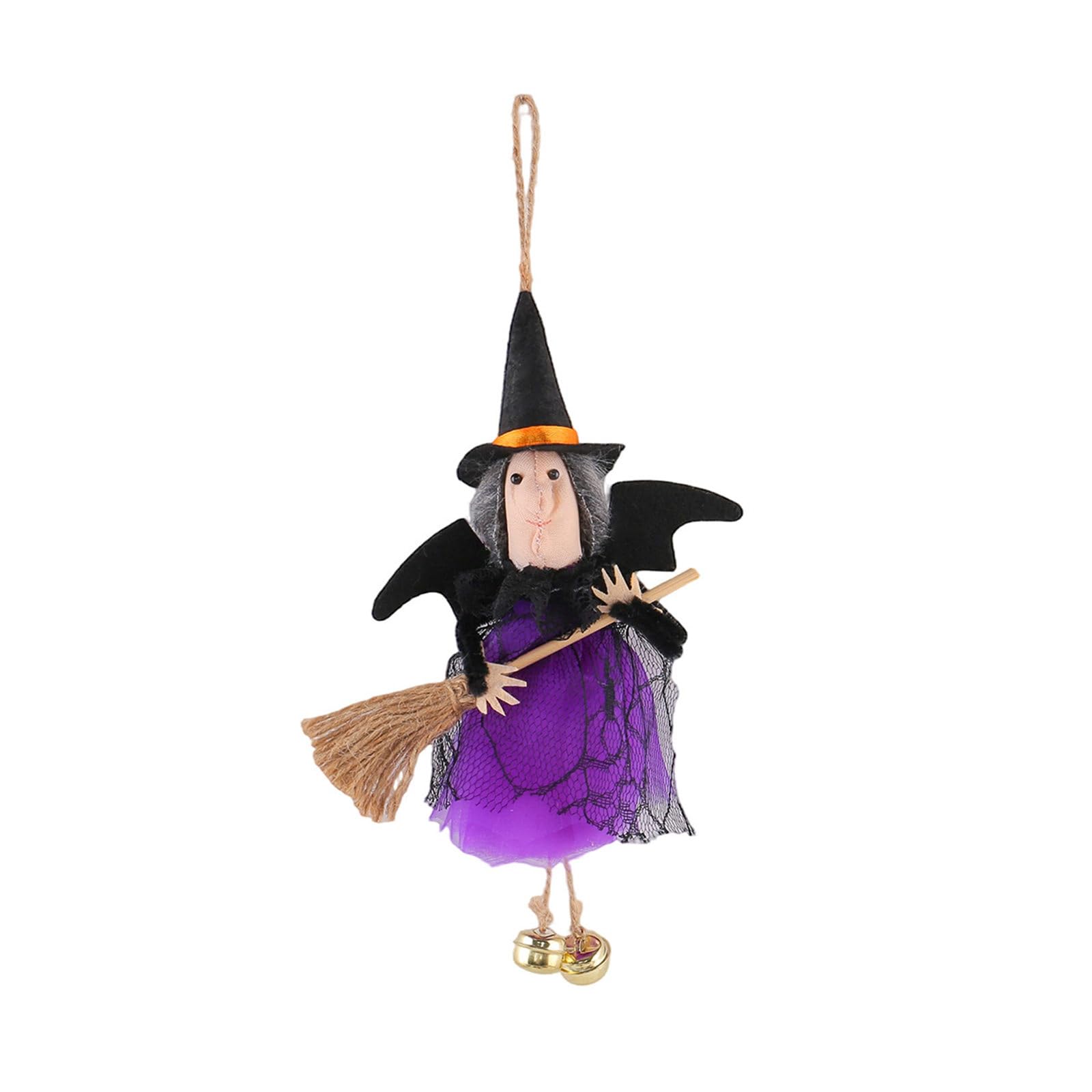 Whoasyst Stuffed Witch Broom Decoration with Attached Metal Bells Hanging Ornament for Magical Themed Parties and Event Halloween Ornamentation