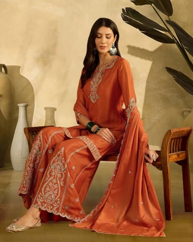 Image of SheWill Poly Chinon Zari Sequence Cording Embroide Kurta with Palazzo and Dupatta - Vibrant Set with Exquisite Detailing and Graceful Drape