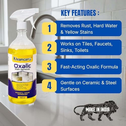 Image of Oxalic Acid Stain Remover Spray 500ml (Trial Pack) | Removes Rust, Hard Water & Yellow Stains | Limescale Cleaner for Bathroom, Tiles, Sink, Tap & Kitchen | Heavy Duty Multipurpose Cleaner