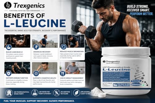 Image of Trexgenics L-LEUCINE PHARMACEUTICAL USP grade 33 Servings, Unflavoured Pure Powder Recovery, Muscle Preservation, Muscle Growth (100 gram)