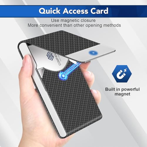 Image of Business Card Holder, Metal Slim Business Card Case, Pocket Card Holder for Women or Men, PU Leather Business Card Holder Case RFID Blocking Name Card Holder with Magnetic Closure, Black Carbon