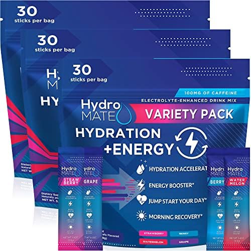 NatureWorks HydroMATE Electrolytes Powder Drink Mix Packets Hydration Accelerator Low Sugar Rapid Party Relief Recovery Vitamin C Plus Caffeine Variety Pack 90 Count