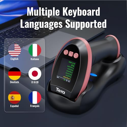 Image of Tera Barcode Scanner Wireless with Screen: Pro Version 1D 2D QR with Setting Keypad Charging Cradle Works with Bluetooth 2.4G Wireless USB Wired Handheld Bar Code Reader HW0009 Pink