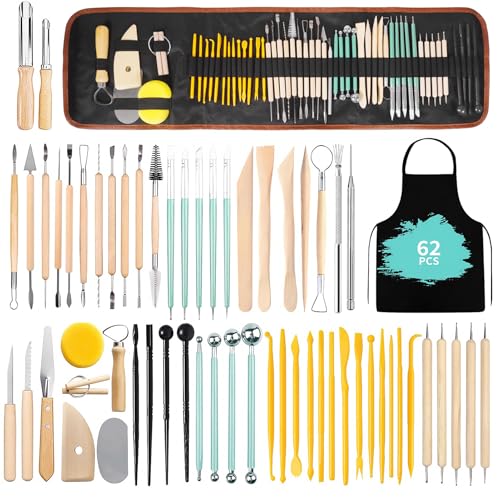 AMCHLEL 62 Pcs Outils de Sculpture,Outil Modelage Outil de Poterie Sculpture,Kit d'outils poterie avec Sac de Rangement pour Céramique,pour Sculpture,Artiste DIY,pour...