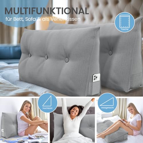 ELONEO Rückenkissen 100 cm breit, Keilkissen für Bett und Sofa geeignet, dreieckiges Lesekissen, Kissen mit abnehmbarem und waschbarem Bezug, mit praktischem Seitenfach