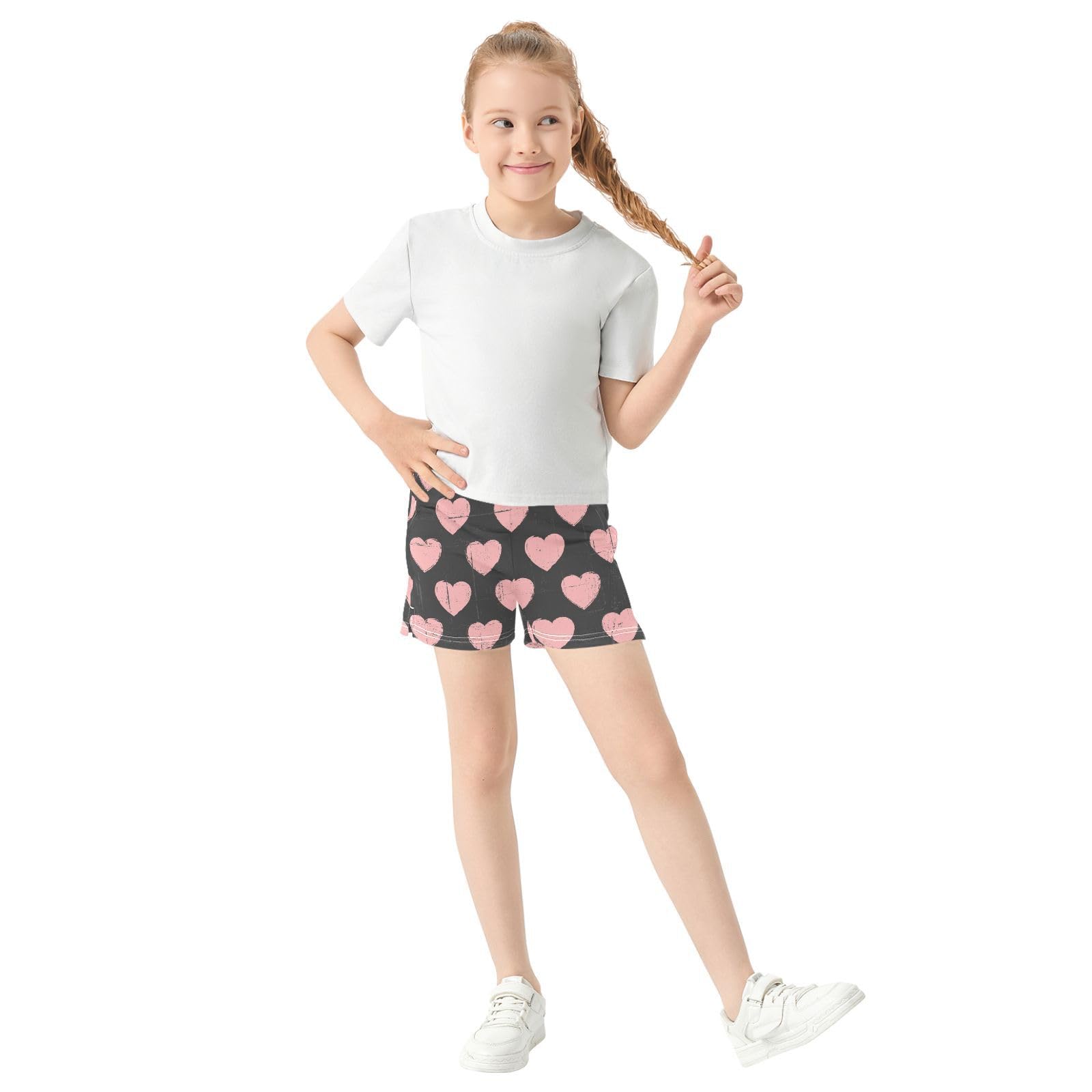 pnyoin Girl's Shorts Pink Love Hearts Pattern Athletic Running Shorts with Pockets Size 7-8t