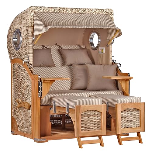 MR. DEKO® Strandkorb Düne Teak 2-Sitzer Bullauge | PE Geflecht Shell | Volllieger Strandstuhl verstellbar | inkl. 4 Kissen Wechselpolster | Strandkörbe fertig montiert aus Teakholz | Dessin 510 MR. DEKO® Strandkorb Düne Teak 2-Sitzer Bullauge | PE Geflecht Shell | Volllieger Strandstuhl verstellbar | inkl. 4 Kissen Wechselpolster | Strandkörbe fertig montiert aus Teakholz | Dessin 510