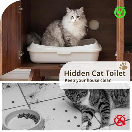 Image of Cat Litter Box Enclosure with Litter Collector,Fluted Hidden Litter Box Furniture with Scratch Pad,31 inch Wooden Cat Cabinet,Cat House,TV Stand,Side Table for Living Room,Walnut