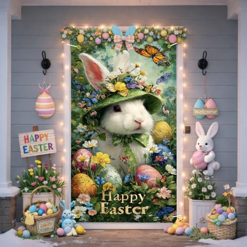 Image of Happy Easter Door Cover Bunny in Flower Hat Banner Spring Front Door Decorations Oil Painting Style Outside Party Home Decor 35.4x71 Inch